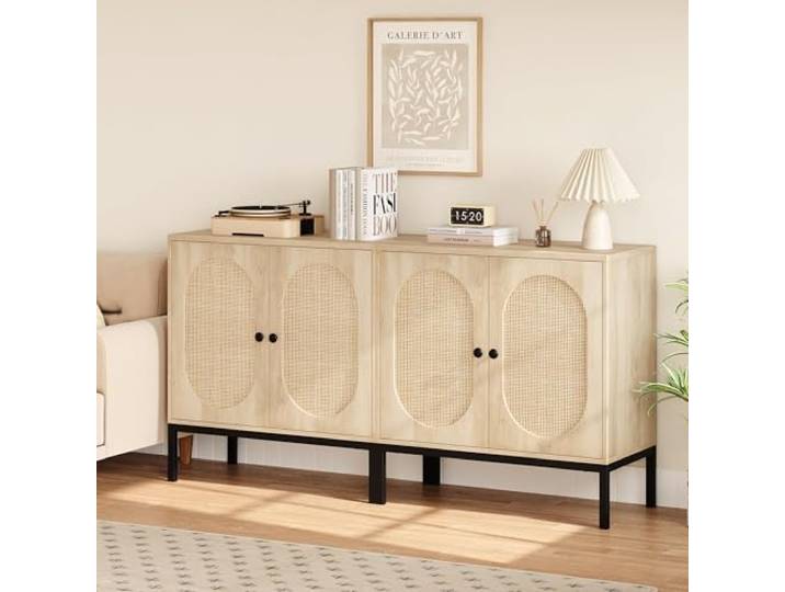 Garvee Rattan Sideboard 2er Set, Buffetschrank mit 2 Türen und höhenverstellbarem Einlegeboden, Aufbewahrungsschrank aus Natur-Rattan und Massivholz mit Metallbeinen für Flur Wohnzimmer Küche