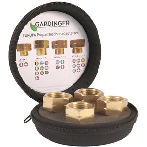 Gardinger Gasflaschen-Adapter 130401, BOX EUROPA, Set, 4 Adapter für Europa, aus Messing, mit Etui, 5-teilig