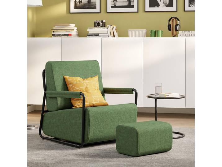 SoBuy Fauteuil relax vert moderne avec pouf assorti et cadre métal robuste Fauteuil rembourré avec pouf assorti FST99-SY