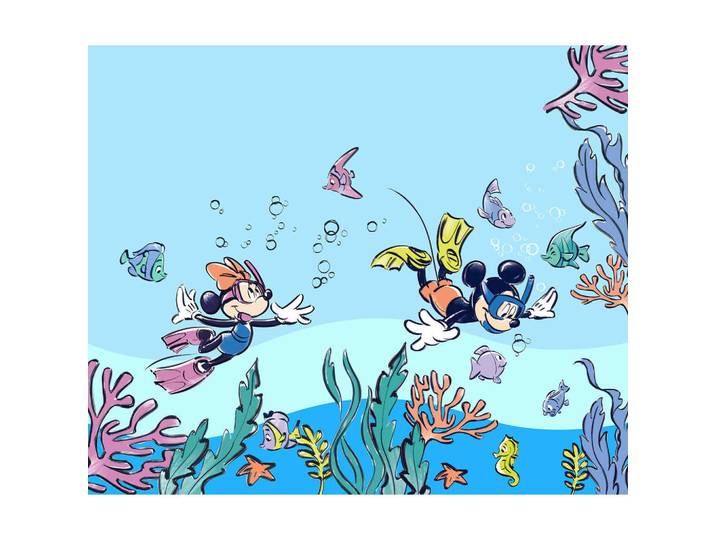 Disney Fototapete MICKEY\u0026MINNIE Coral, Blau, Mehrfarbig, Cartoon, 300x250 cm, Tapeten & Wandverkleidungen, Fototapeten