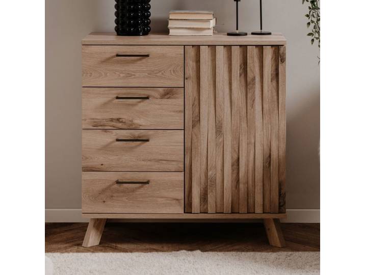 CALICOSY - Buffet 4 Tiroirs 1 Porte Décor Chêne L85 cm - OPOLE - Bois clair