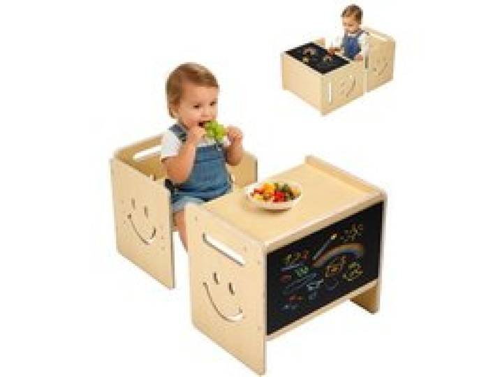 VEVOR Montessori Tisch Stuhlset Kleinkindertischset (mit Tafel) aus Holz für 1–5-Jährige, höhenverstellbarer Kinderstuhl Aktivitätstisch Spieltisch, ideal zum Lesen Essen Spielen – Natur