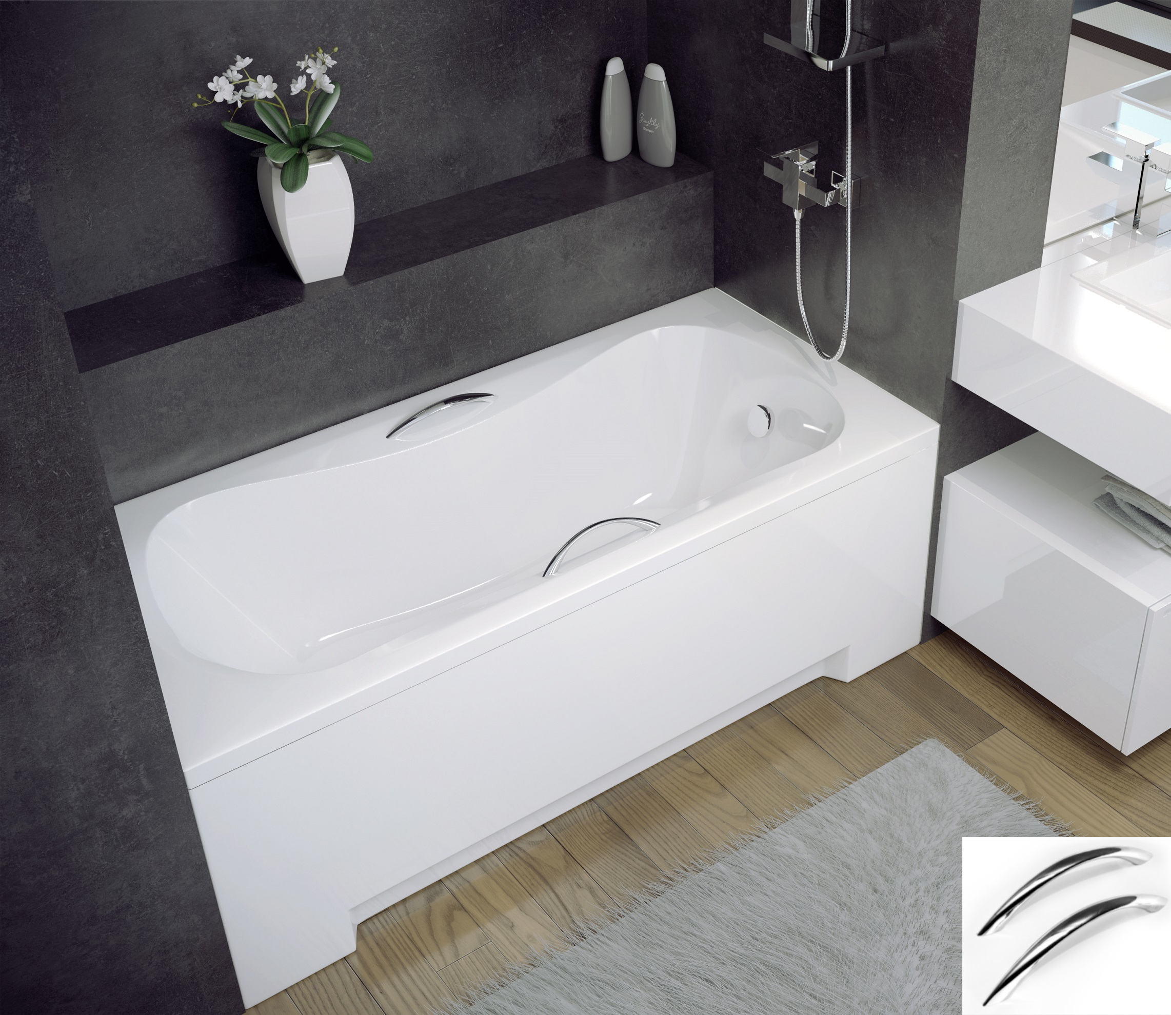 ECOLAM Badewanne Wanne Acryl Rechteck AR-Besco 140x70 + Handgriffe Schürze Füße Silikon Ablaufgarnitur Ab- und Überlauf GRATIS