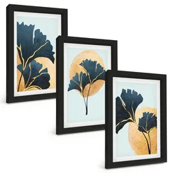 BILDER SET 3er Set - 20x30 cm Schwarzer Rahmen - Ginkgoblätter, heller Hintergrund