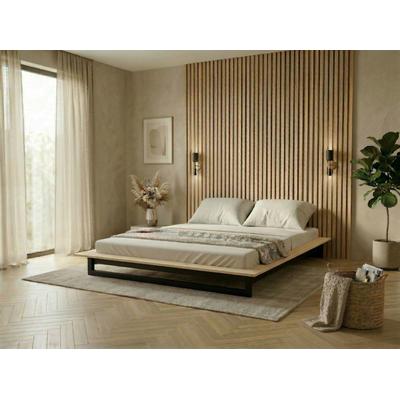 Futonbett OTTO HOME "Kobe, Massivholzbett aus Kiefer im Industrial Design, 200 KG belastbar", beige (natur, schwarz), B:165cm H:18,5cm L:225cm, Betten, Futonbett, stabiles Kufengestell, rundum Ablagefläche, FSC, Made in Europe