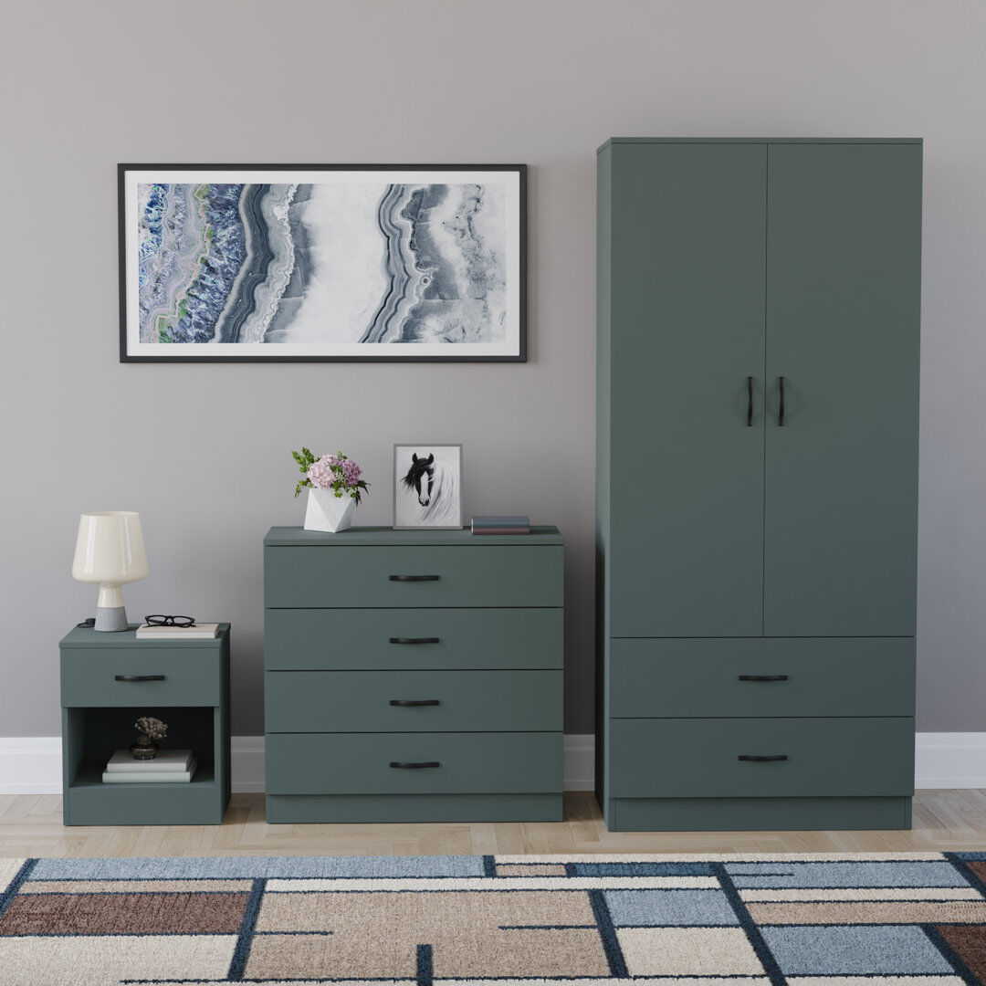 17 Stories Maybery 3 Piece Bedroom Set (1 Drawer Bedside Chest, 4 Drawer Chest, 2 Door 2 Drawer Wardrobe), (4) Green