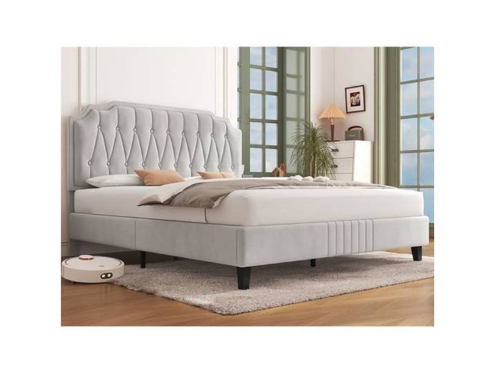 Yaheetech Lit double cadre de lit tapissé Tête réglable en hauteur Beige-140 x 200 cm