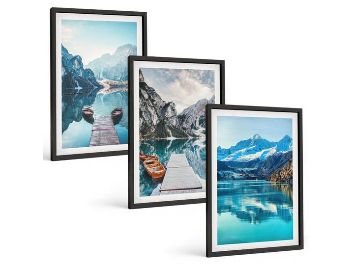 Tulup Bilder SET 3er Set - 40x60 cm Schwarzer Rahmen - Spiegelung der Boote auf Bergseen, Kunststoff, Rechteckig, 40x60 cm, Fotografie, Bilder & Rahmen, Bilder