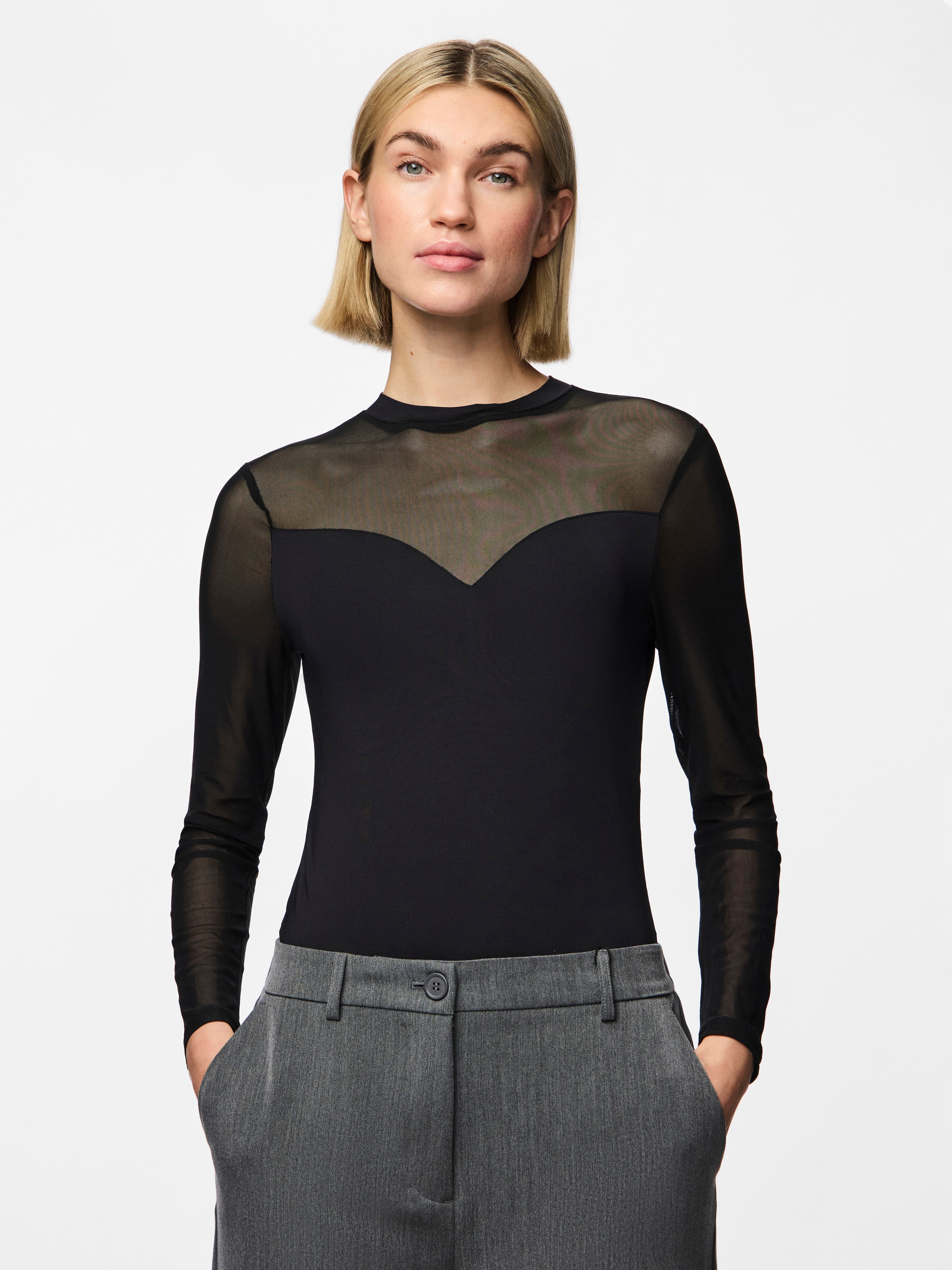 Langarmbody PIECES "PCMILLY LS MESH BODYSTOCKING NOOS", Damen, Gr. M (38), N-Gr, schwarz, Obermaterial: 92% Polyamid, 8% Elasthan, unifarben, Rundhals, Bodys Langarmbody schwarz M (38), N-Gr