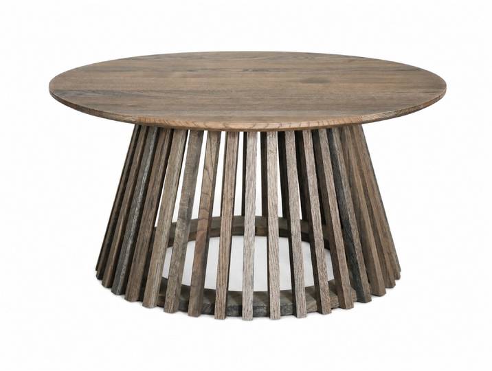 Couchtisch GOODPRODUCT Lovran, Wohnzimmertisch, Sofatisch, Beistelltisch, Kaffeetisch , braun (smoke, smoke, smoke), B:80cm H:40cm T:80cm, Tische, Couchtisch, Runder Tisch (Ø60) aus Wildeiche Natur/Smoke mit Konus-Lamellenfuss