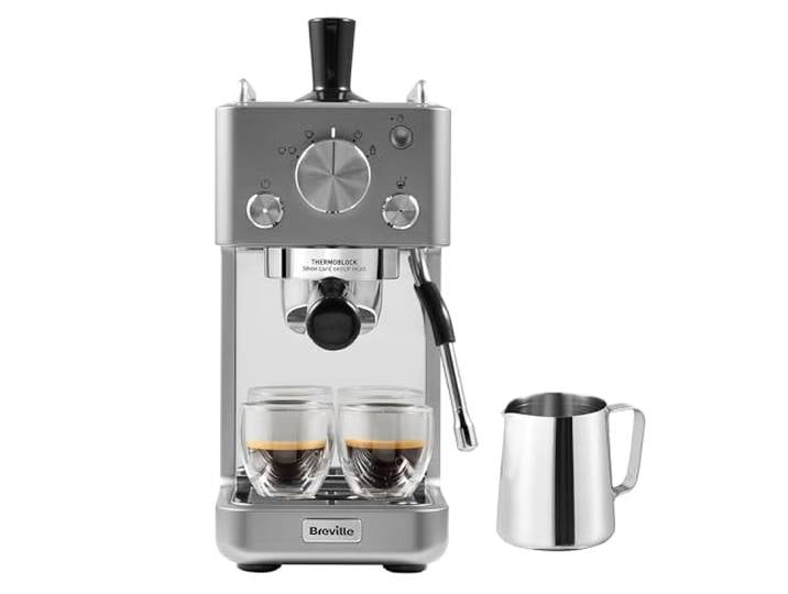 Breville Barista-Espressomaschine „Slimline“ integrierter Milchaufschäumer kompakte Kaffeemaschine für Cappuccinos, Lattes und mehr 15-bar-Pumpe Silber [VCF185X]