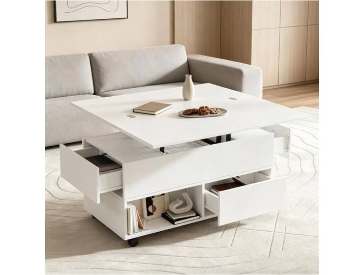 Table basse relevable - ZEVKOR - Table basse relevable - Blanc - 4 tiroirs - Plateau hydraulique & roulettes
