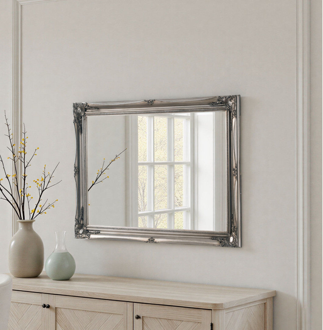 Three Posts French Style Burdette Carved Wood Framed Accent Mirror Silver 114 cm H x 89 cm W