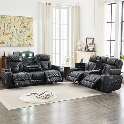 Comfort Stretch Faux Leather Power Reclining Sofa Set with Adjustable Headrests,Wireless Charger