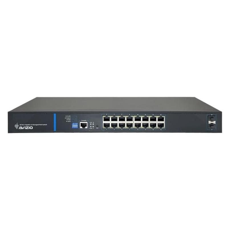 Avizio Switch 16x RJ45 PoE 1Gb/s + 2x SFP Uplink 1Gb/s + 1 RJ45 Konsolenanschluss (16 Ports) (AV-SM16GP2F)