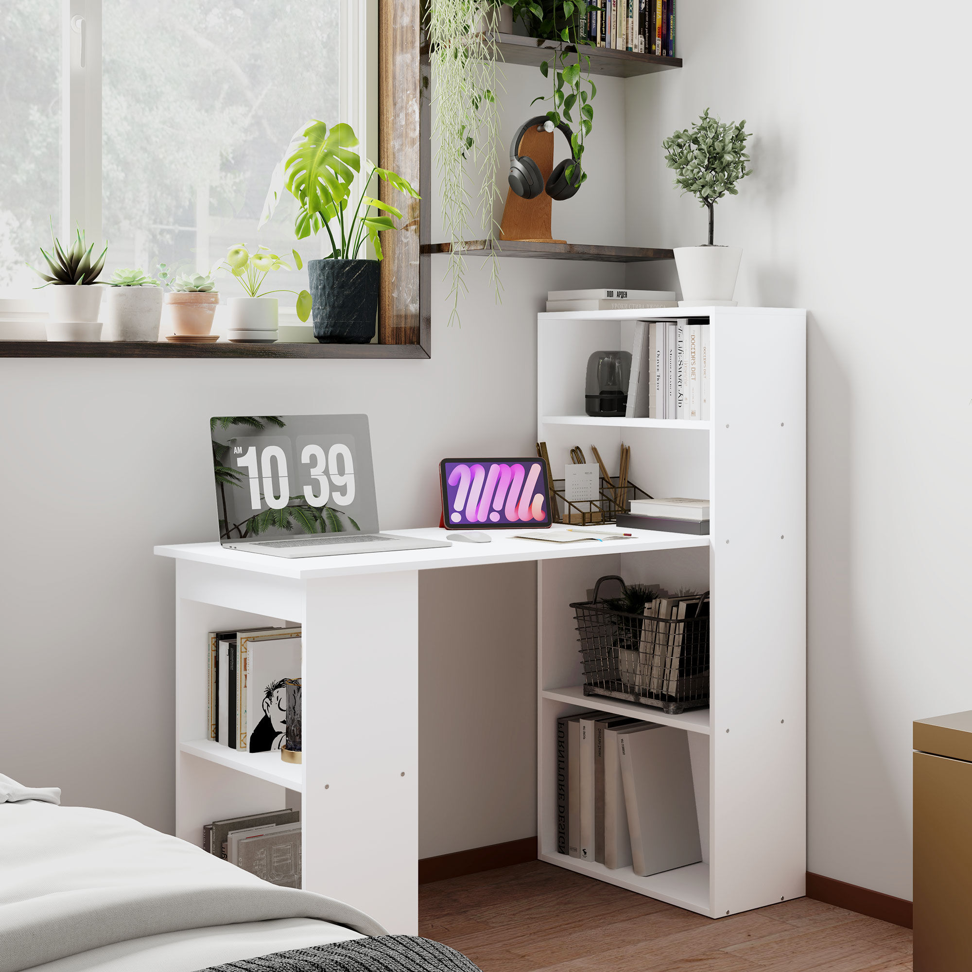 Altro Scrivania Computer Con Libreria Salvaspazio, Tavolo Da Pranzo Per Ufficio E Studio, 120x55x120 Cm, Bianco