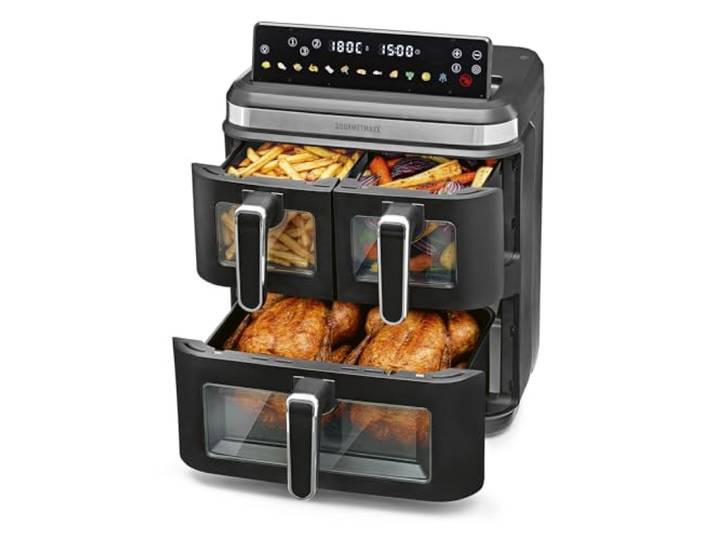 GOURMETmaxx FryUp3 Vertikale Heißluftfritteuse 3 Kammern Airfryer XXL mit 3 Grillracks & 3 Sichtfenstern Heissluftfritteuse XXL - 17L Air Fryer Fritteuse ohne Öl Heißluftfritteuse Touchdisplay