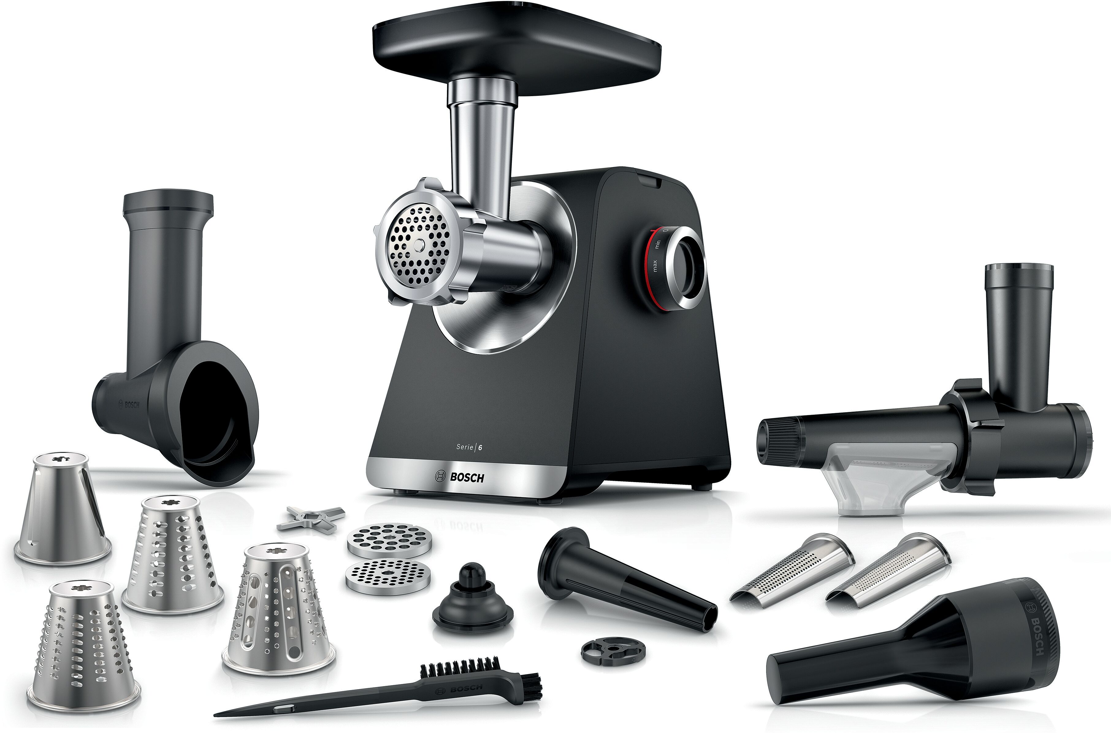 Bosch Fleischwolf "Serie 6 MFWS660B, 3,5kg/Min., Raspel, 2 Lochscheiben (3&8mm), schwarz", schwarz, B:20cm H:24,7cm T:24cm, Zerkleinerer, Fruchtpresse, 2 Stufen, 10 J Motorgarantie, Planetengetriebe, Fleischwolf