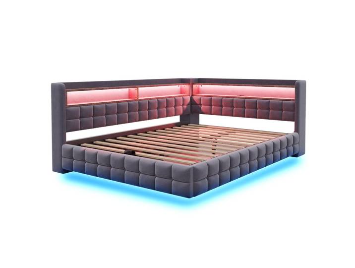 Lit adulte 140x200 avec coffre de rangement, velours, gris
