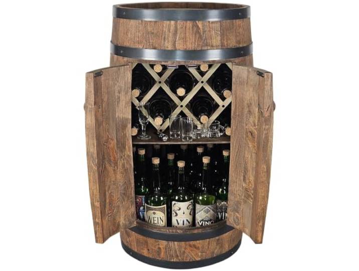kadamahu Barfass mit Türpaar, Weinhalter, Wenge, 80 cm, aus Erlenholz Bis zu 40 Flaschen à 0,75 l auf zwei Ebenen; Magnet hält die Holzflügel geschlossen, Platz für Tumbler und Kräuterlikör