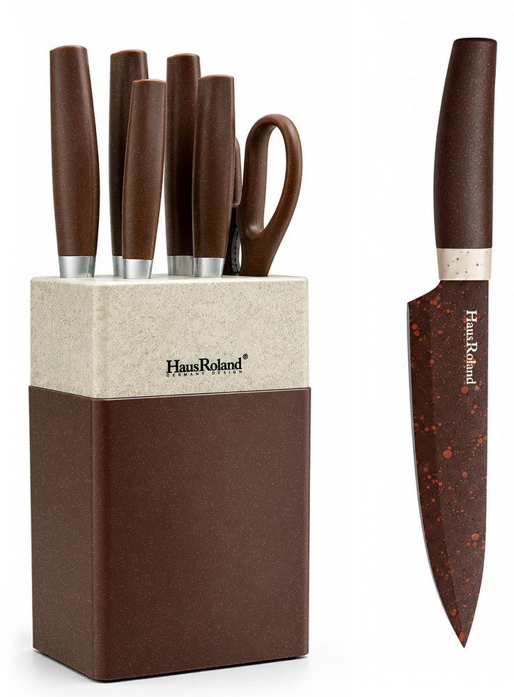 Haus Roland keukenmessen set met standaard en slijper, 7 stuks, bruin