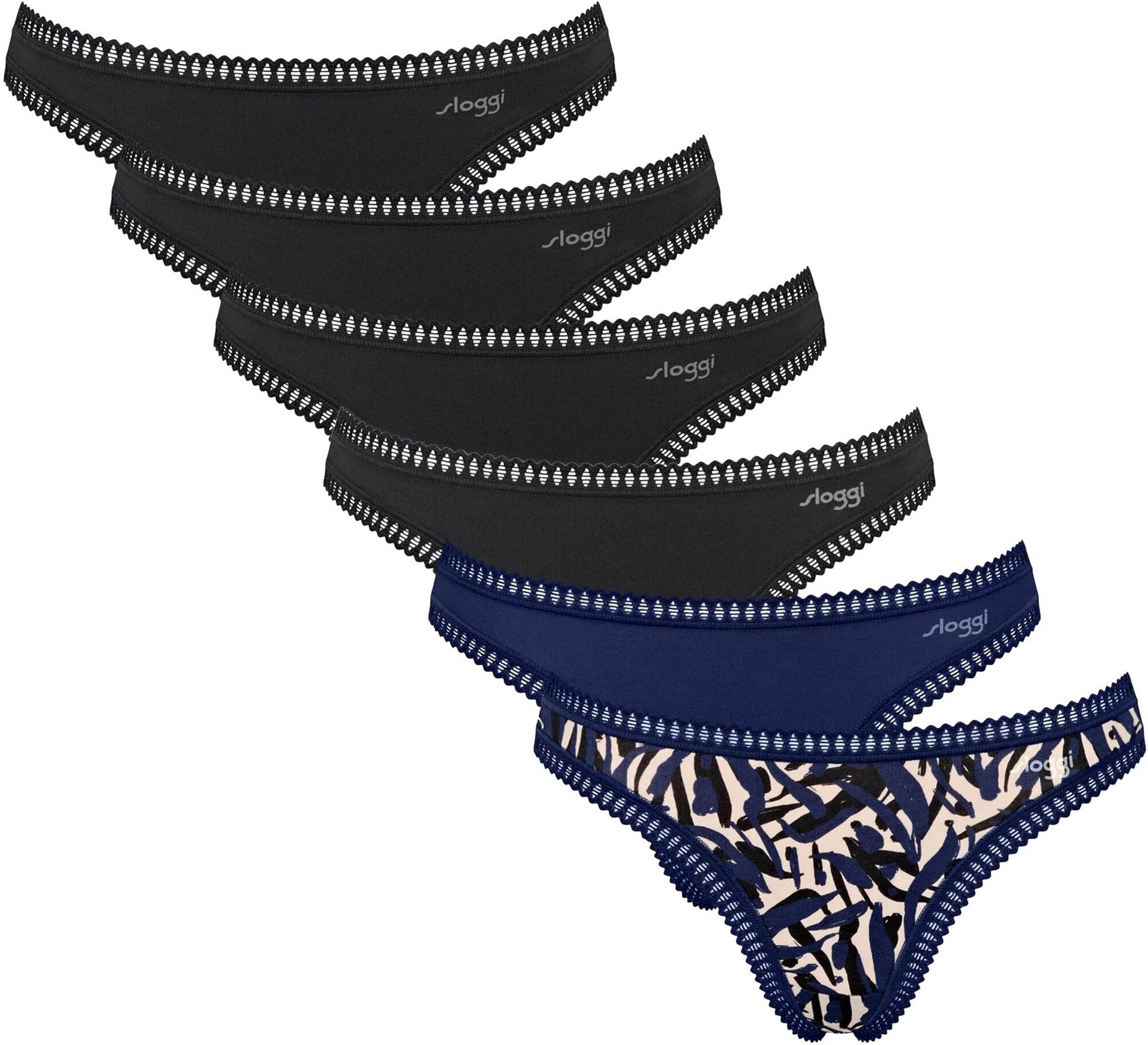 String SLOGGI "String GO Crush String C6P 6er Pack", Damen, Gr. XL, bunt (schwarz, blau), Obermaterial: 95% Baumwolle CO. 5% Elasthan EL., Unterhosen String