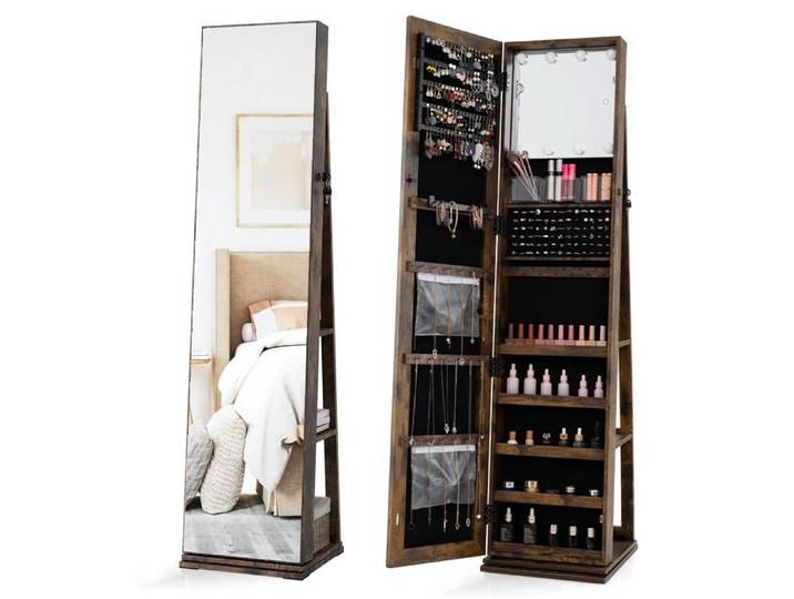 360° pivotante armoire à bijoux avec miroir sur pied rangement maquillage miroir LED coloris brun rustique