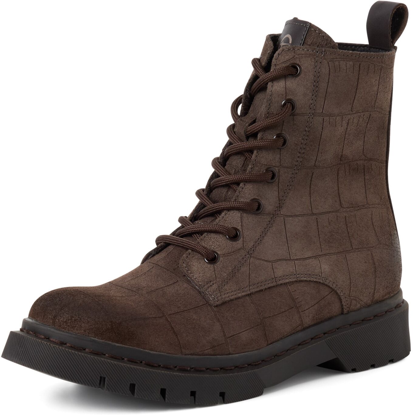Schnürboots TAMARIS, Damen, Gr. 37, wärmend, braun (mokka croco), Veloursleder, Reptilienprägung, Schuhe Schnürboots, Schnürstiefelette, Chunky Boots mit logobedruckter Anziehlasche
