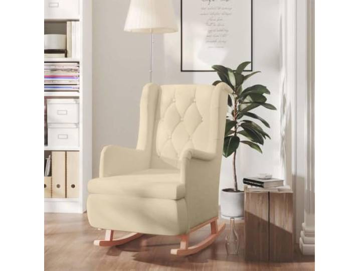 HEFZGDB Schaukelsessel mit Kautschukholz-Beinen in Creme Stoff, Bequemer Esszimmerstuhl mit Polsterung und Zierknöpfen, 1 Stück, Stilvolles Design für optimale Entspannung