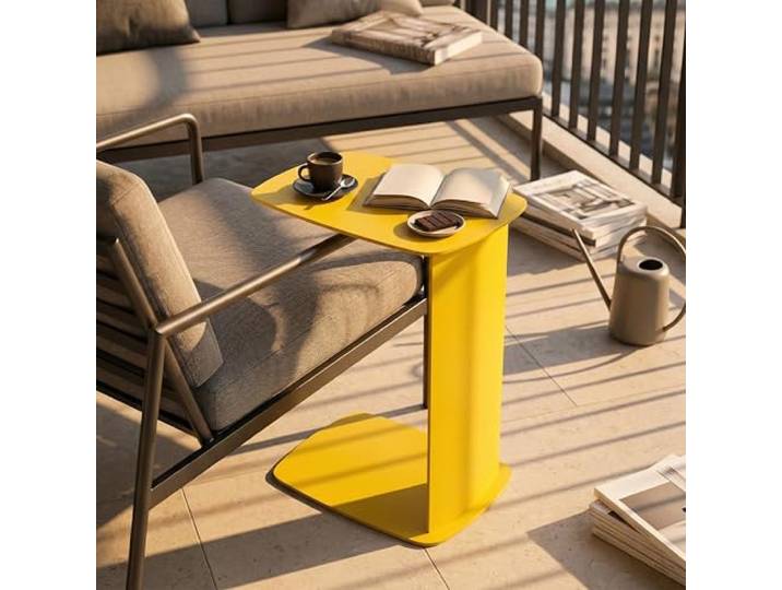 Siqual Design Beistelltisch Metall C-Form, pulverbeschichtet & wetterfest – Sofa Couch Tisch für Wohnzimmer, Balkon & Terrasse – Standby (Gelb)