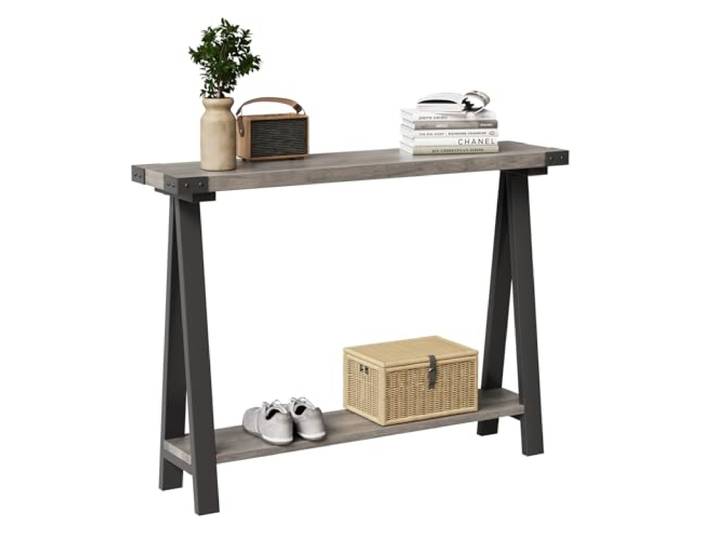 IDEALHOUSE Schmaler 2-stufiger Konsolentisch 110x21x80 cm mit Ablage – Rustikaler Sofatisch aus Holz & Metall für Wohnzimmer, Flur & Eingangsbereich – Grau