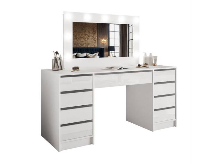 Lookway Schminktisch Mada Double mit LED-Beleuchtung, Weiß, 152x75x55 cm, Schlafzimmer, Schminktische