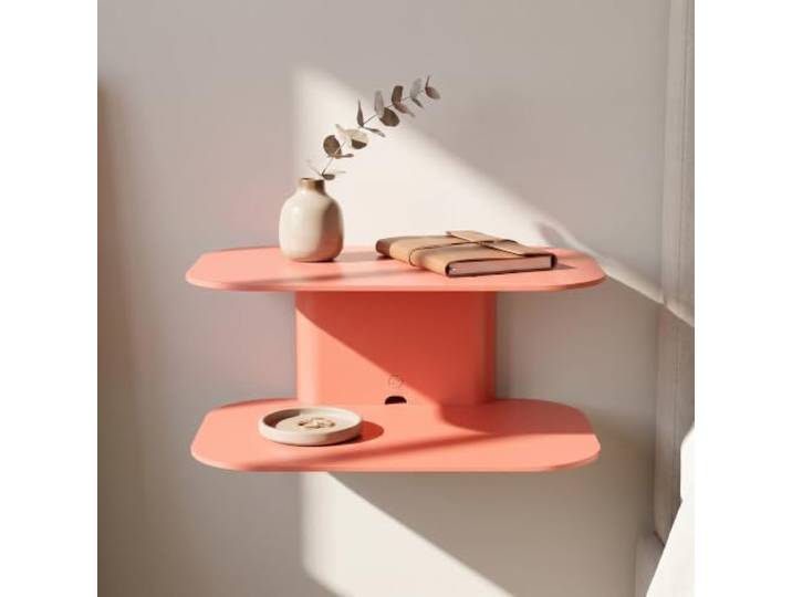 Nachttisch hängend ARCO, Metall Wandkonsole, Kabelführung (Lachsorange) Platzsparende Wandablage ohne Stellfläche am Boden, pulverbeschichtet, für Schlaf- und Kinderzimmer, Flur und Wohnraum.