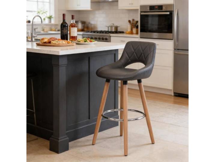 Chaise de bar moderne - Gris - Cuir synthétique - Bois massif - Hauteur totale 91cm - Siège 43x43cm