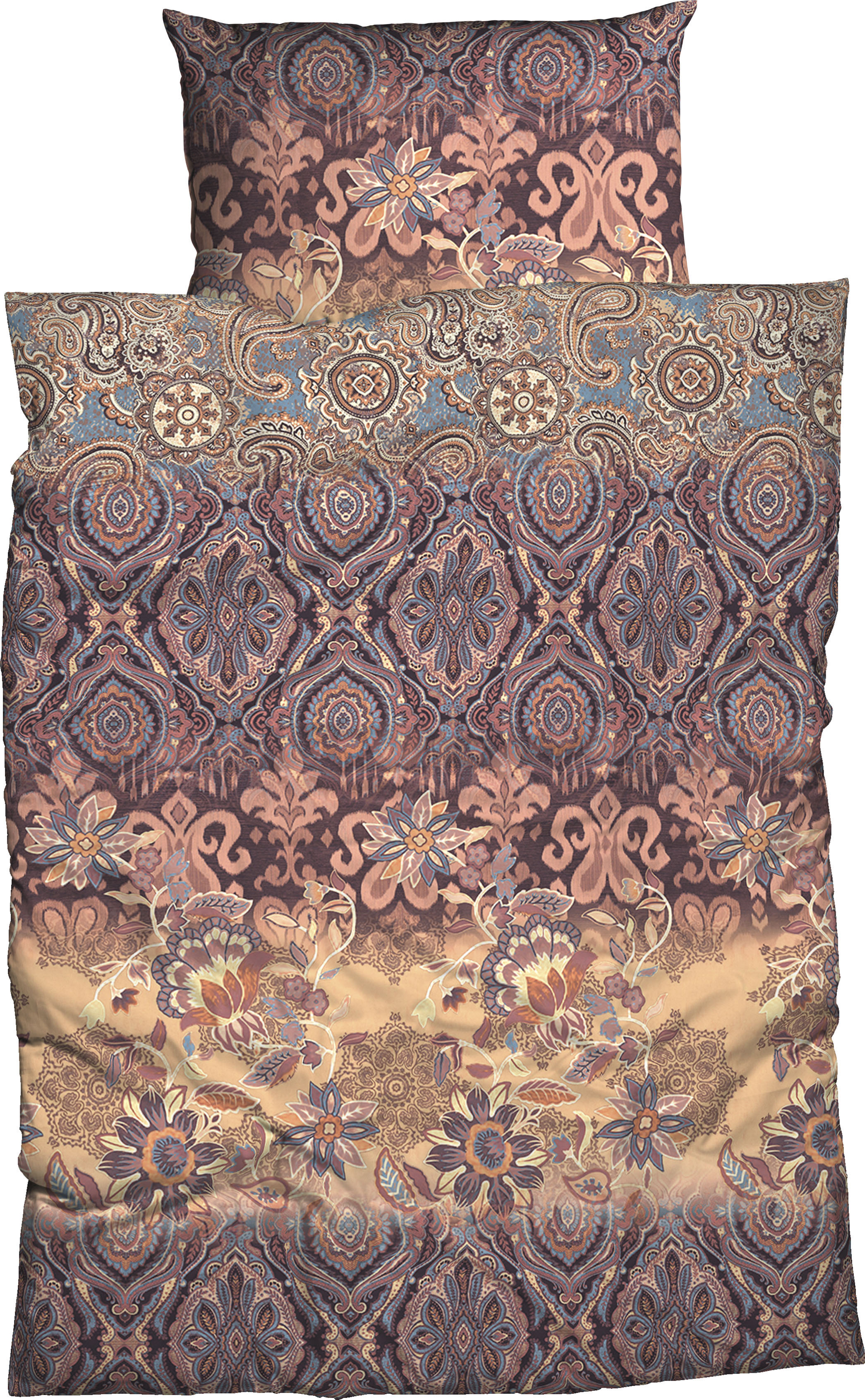 Bettwäsche CASATEX "Suzani", beige (beige, blau), B/L: 200cm x 220cm, 1 Stk., 2 Stk., Satin, B/L: 80cm x 80cm & 80cm x 80cm, 3 Stk., Satin, Obermaterial: 100% Baumwolle, Bettwäsche, Bettwäsche, harmonisches Blütendesign beige, blau B/L: 200cm x 220cm, 1 S