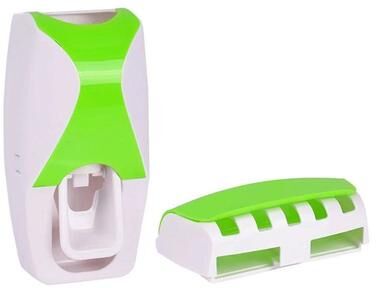 Universal Stock Space Saving Wall Mounted Toothbrush Holder With Automatic Toothpaste Dispenser And Cup Organizer green