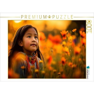 CALVENDO Puzzle Lebensfreude in Blüte: Indianisches Kind im Blumenmeer | 1000 Teile Lege-Größe 64x48cm Foto-Puzzle für glückliche Stunden