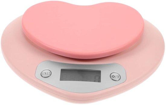 Elektronische keukenweegschaal met hartmotief in roze, precisie van 1 gram tot 5 kilogram