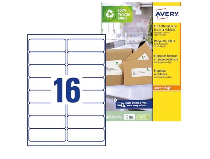 AVERY - 1600 witte zelfklevende etiketten - 100% gerecycled - Formaat 99,1 x 33,9 mm - Laser- en inkjetdruk