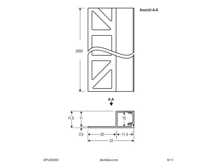EVN APFL5 Fliesenprofil seitlich 200cmx3,3cm alu, alu / grau / zink, Aluminium