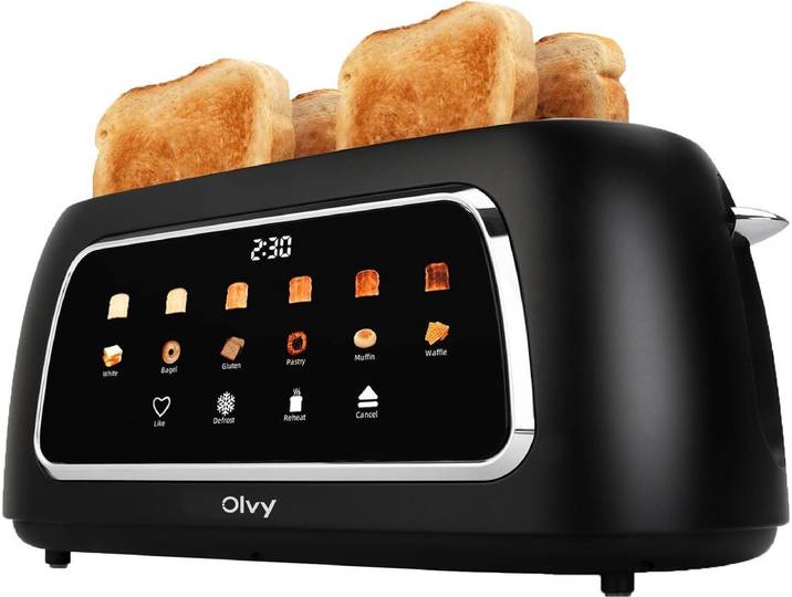 Olvy Toaster mit LCD-Touch-Display & Auftau-Funktion Krümelschublade, 2 lange Schlitze, für 4 Scheiben, 1500 W, 40 x 17,3 x 17,8 cm, 6 Bräunungsstufen mit Memory-Funktion, Schwarz