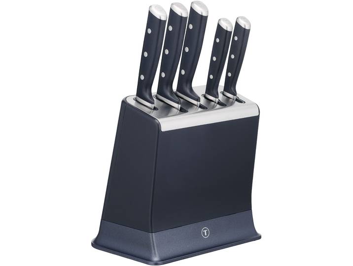 Messer-Set TEFAL EverSharp Pro , schwarz (dunkelblau, edelstahl), Edelstahl, Kunststoff, Kochmesser-Sets, Messer-Set, selbstschärfender Messerblock, Klinge aus deutschem Edelstahl
