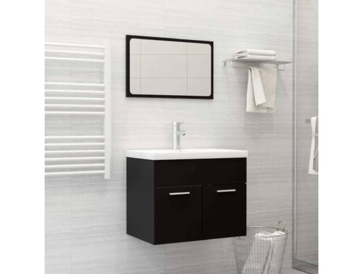 HWKQEQRF 2-TLG. Badmöbel-Set Schwarz Holzwerkstoff mit Spiegel und Schrank 1 Fach, 2 Türen, Waschbecken nicht enthalten, feucht abwischbar, schlichtes Design