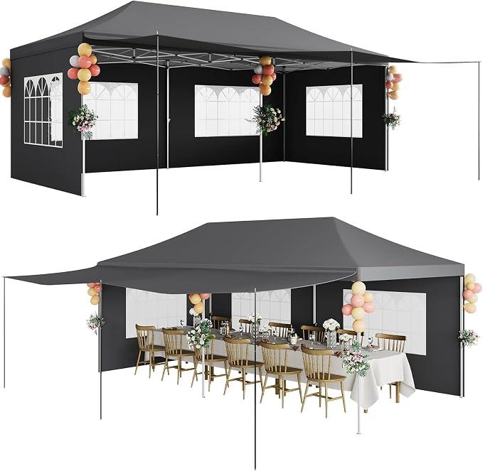 Faltpavillon Dunkelgrau, 10x20ft Pop-Up Partyzelt mit PE-Fenstern, Wasserdichtes 420D Oxford Eventzelt, Pro-Set inkl. 6 Sandsäcken & Rollentasche, Stabiles Gartenzelt