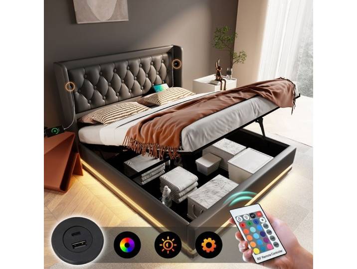 Bladez - Lit coffre 180x200 cm Lit capitonné Lit double avec USB-C LED et hydraulique - Noir
