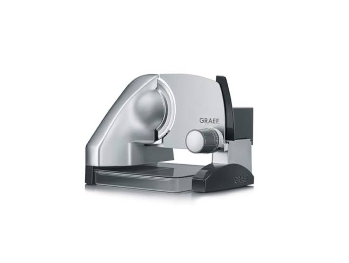 GRAEF Allesschneider SKS500 silber mit Edelstahl-Wellenschliffmesser Ø 170 mm, erhöhter Bauweise, stufenloser Schnittstärkeneinstellung, Kindersicherung, Ein-Hand-Bedienung, MiniSlice-Aufsatz