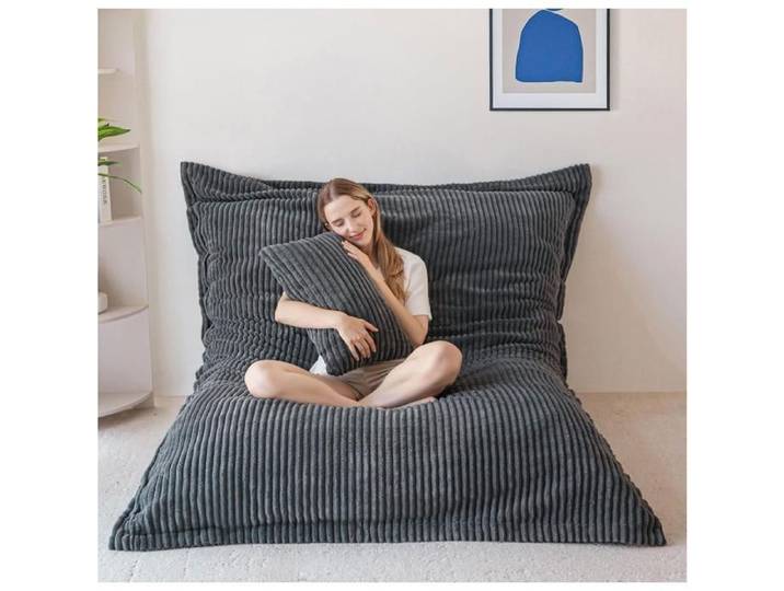 Géante Pouf Salon Housse Amovible en Velours Côtelé Pouf Lit avec Rembourrage en Mousse Moelleuse XXL Bean Bag pour Adultes Gris
