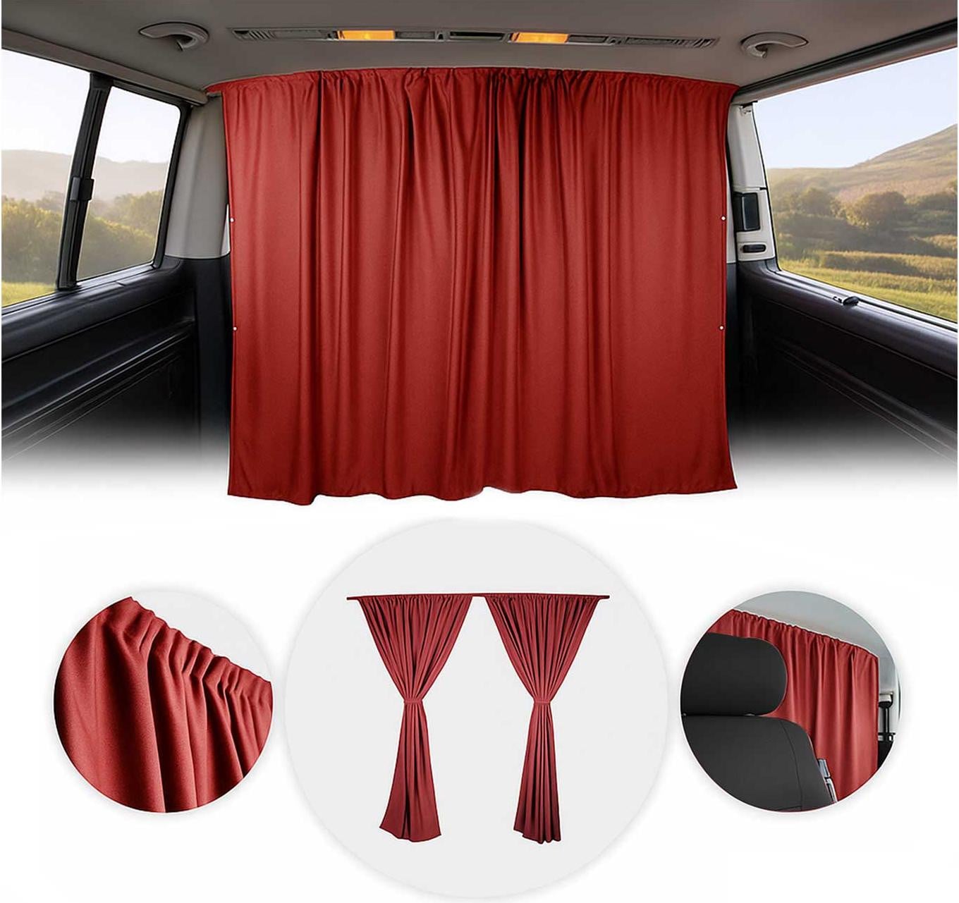 Omtec Maatwerk gordijnen voor VW Grand California H2, cabine en scheidingswand, rood