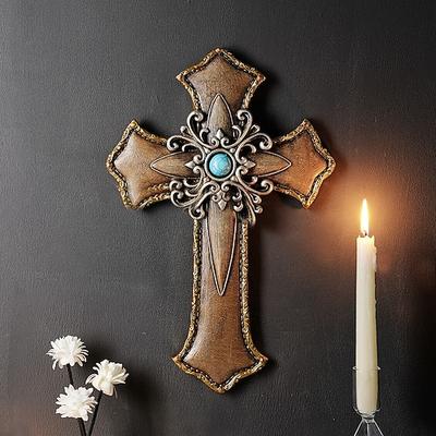 Vintage gotisches Kreuz als Wanddekoration, religiöser Hängeanhänger aus Kunstharz mit klassischem Blumenmuster, Wanddekoration für Allerheiligen, Dekoration für Bars, Restaurants und Partys