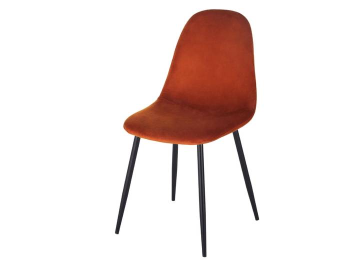 Stuhl mit recyceltem, orangebraunem Samtbezug und Beinen aus schwarzem Stahl
